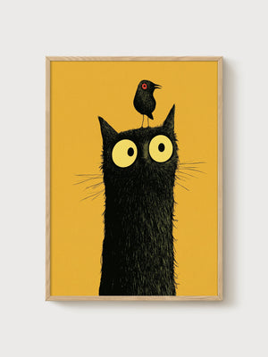 Black Cat Wall Art poster in oak frame