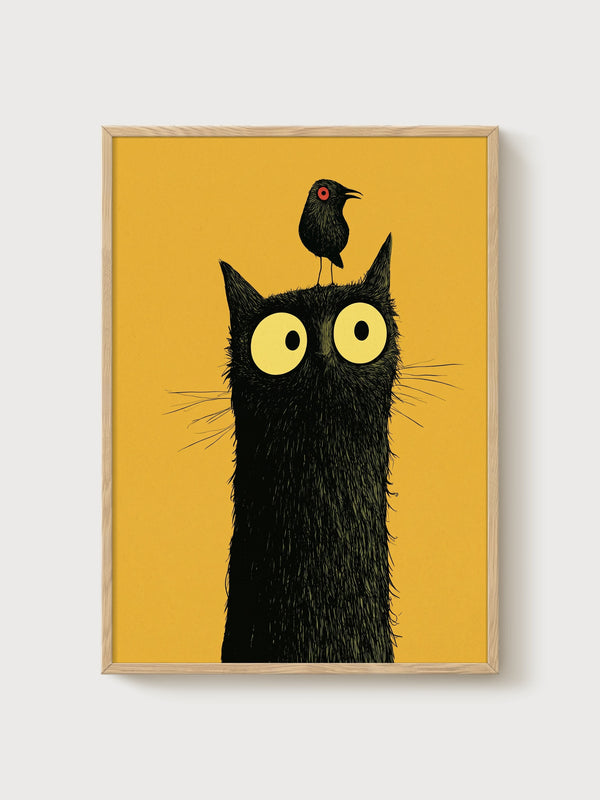 Black Cat Wall Art poster in oak frame