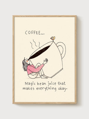 Coffee Lover Wall Art poster in oak frame