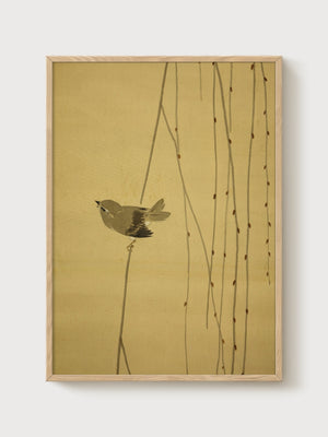 Bird Line Art Print poster in oak frame
