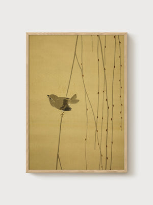 Bird Line Art Print poster in oak frame