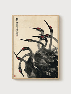 Crane Art Print poster in oak frame