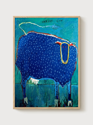 Enkant Cow Folk Art Print poster in oak frame