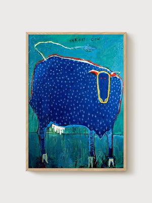 Enkant Cow Folk Art Print poster in oak frame
