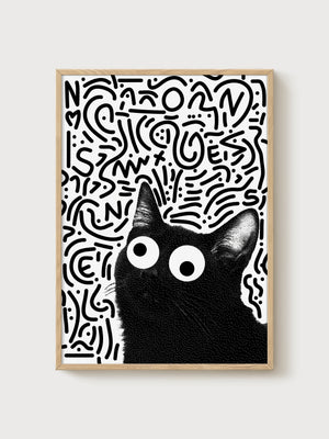 Black Cat Wall Art poster in oak frame