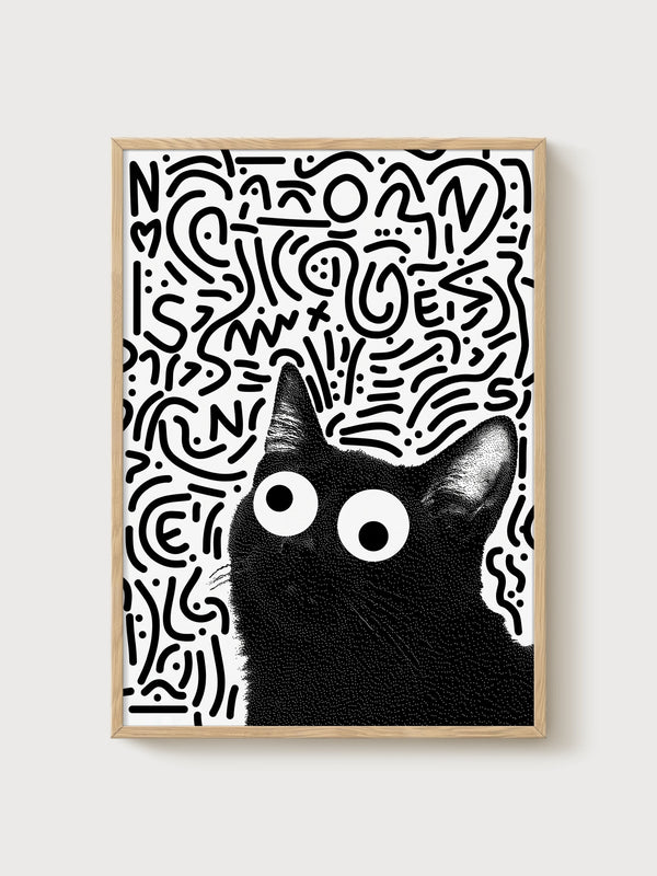 Black Cat Wall Art poster in oak frame