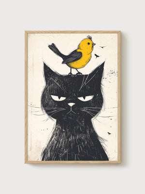 Black Cat Art with Yellow Bird poster in oak frame