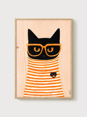 Black Cat Art Print poster in oak frame
