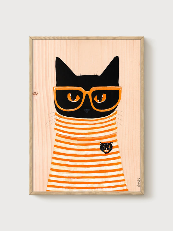 Black Cat Art Print poster in oak frame