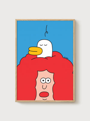 Whimsical Line Art Duck Poster poster in oak frame
