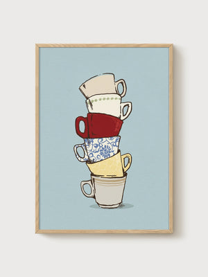 Stacked Teacups Line Art Poster poster in oak frame
