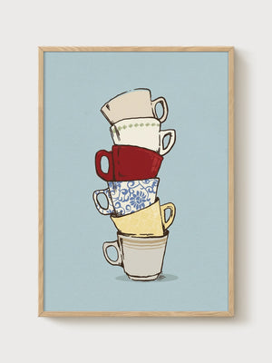 Stacked Teacups Line Art Poster poster in oak frame