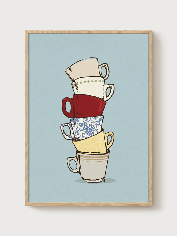 Stacked Teacups Line Art Poster poster in oak frame