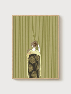 Kimono Woman Line Art Print poster in oak frame