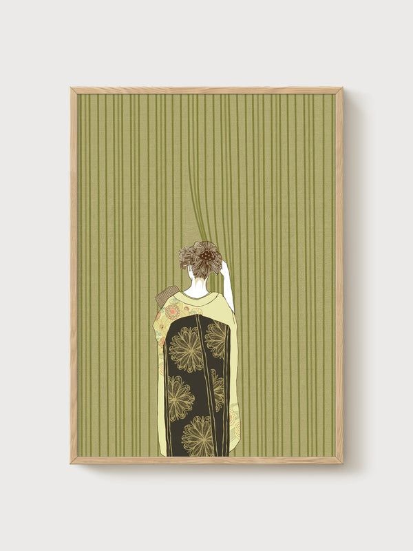 Kimono Woman Line Art Print poster in oak frame