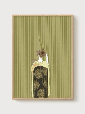 Kimono Woman Line Art Print poster in oak frame