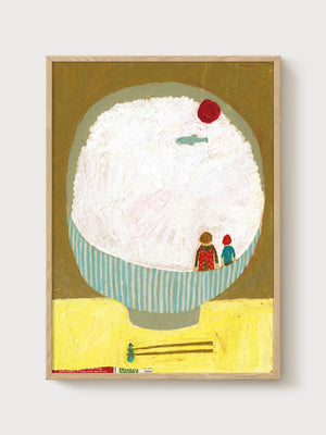 Ramen Bowl Folk Art Print poster in oak frame