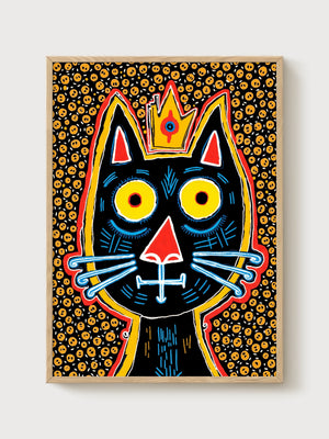 Black Cat Art Crowned King poster in oak frame