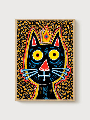 Black Cat Art Crowned King poster in oak frame