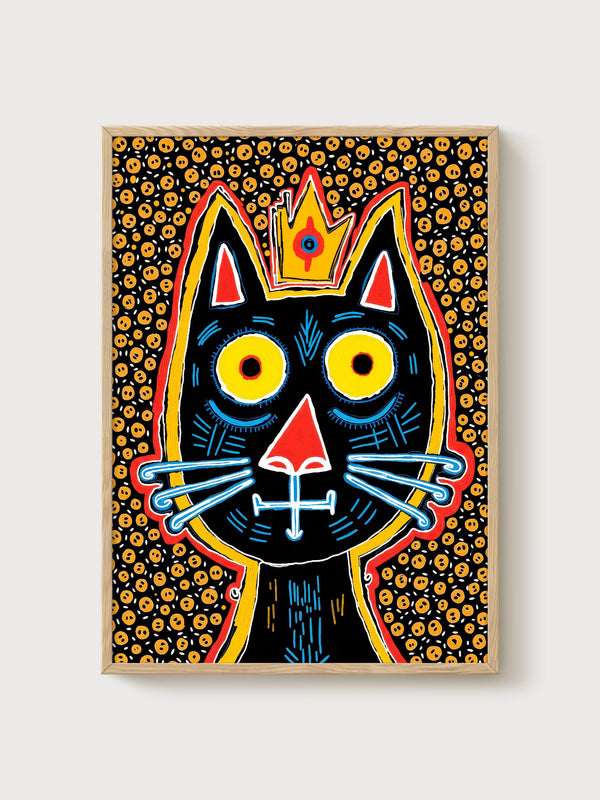 Black Cat Art Crowned King poster in oak frame