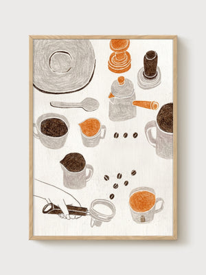Coffee Brewing Line Art Poster poster in oak frame