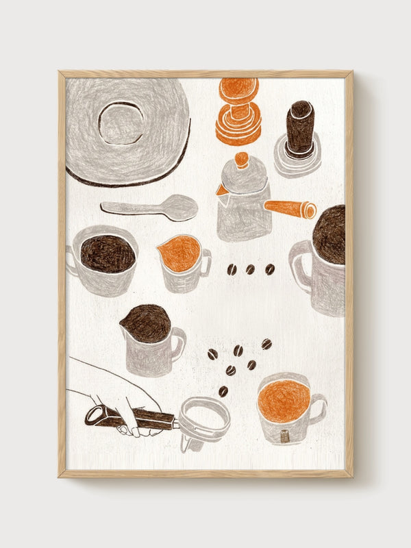 Coffee Brewing Line Art Poster poster in oak frame