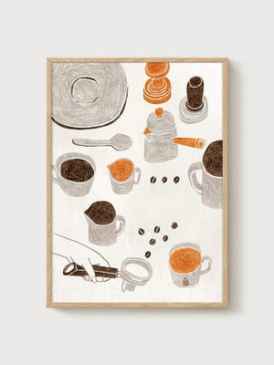 Coffee Brewing Line Art Poster poster in oak frame