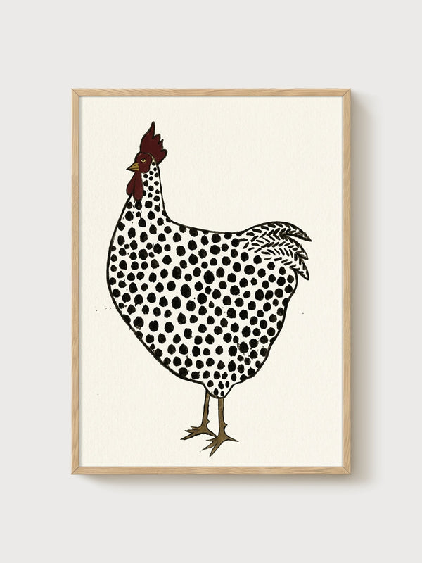Rooster Folk Art Print poster in oak frame