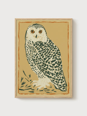 Snowy Owl Bird Wall Art poster in oak frame
