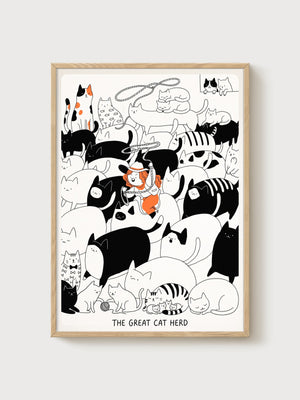 The Great Cat Herd Funny Cat Poster poster in oak frame