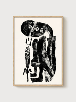 Abstract Linocut Print poster in oak frame