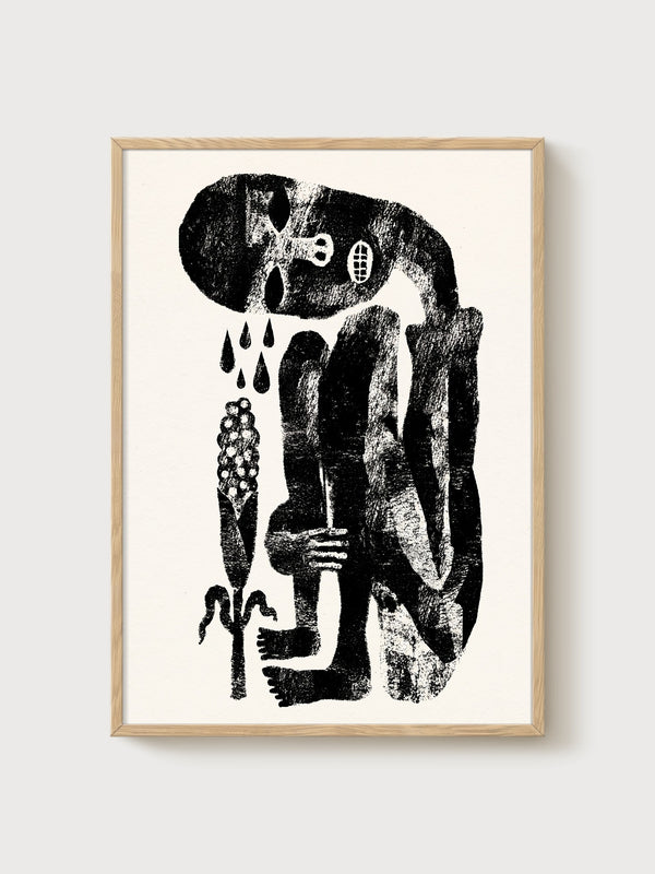 Abstract Linocut Print poster in oak frame