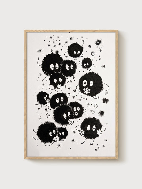 Whimsical Soot Sprites Ascii Art Poster poster in oak frame