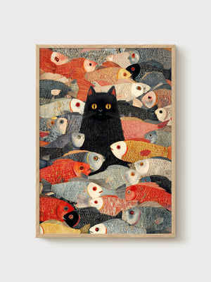 Black Cat Art Print poster in oak frame