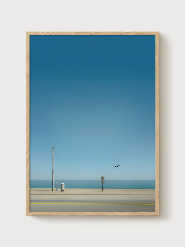 Minimalist Ocean Wall Art poster in oak frame