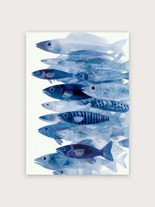 Blue Fish School Line Art - Digital Download