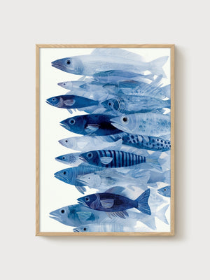 Watercolor Fish School Print poster in oak frame