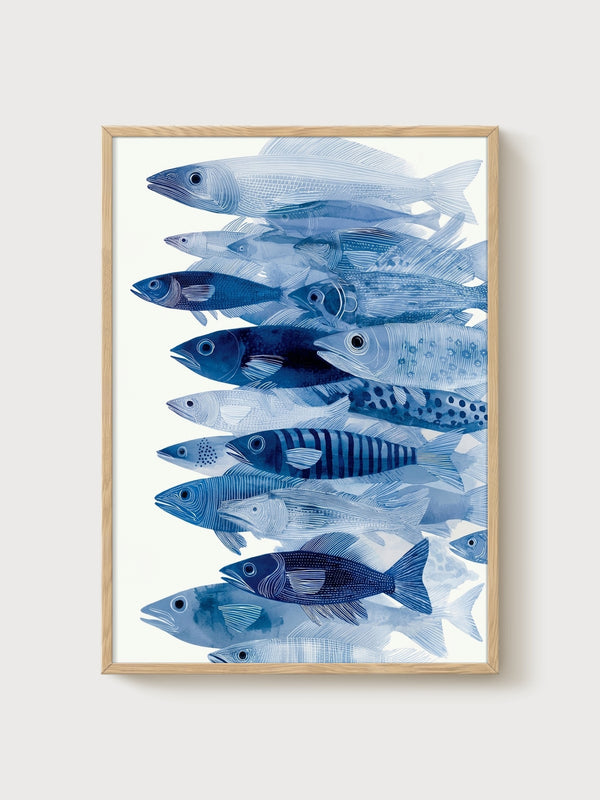 Watercolor Fish School Print poster in oak frame