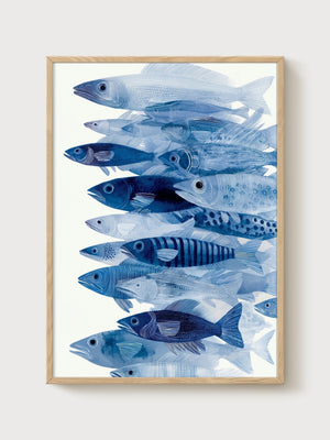 Watercolor Fish School Print poster in oak frame