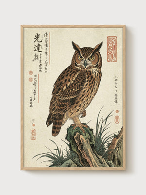 Owl Woodblock Print poster in oak frame