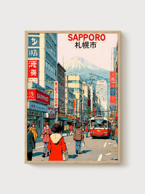 Sapporo Japan Retro Poster poster in oak frame