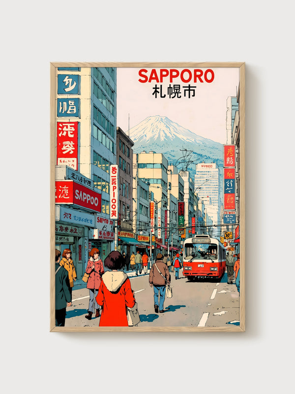Sapporo Japan Retro Poster poster in oak frame