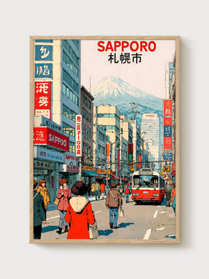 Sapporo Japan Retro Poster poster in oak frame