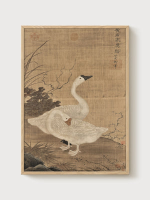 Ito Jakuchu Crane Print poster in oak frame