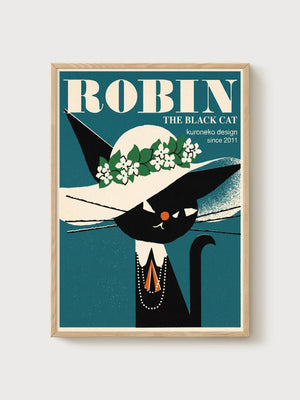 Robin the Black Cat Art poster in oak frame