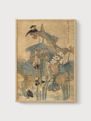Ito Jakuchu Lotus Pond Print poster in oak frame
