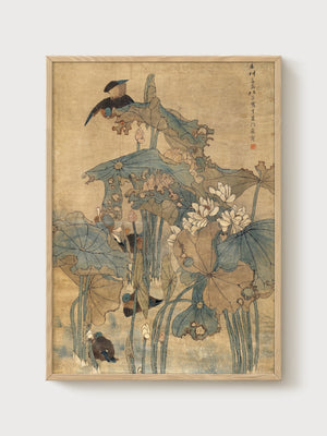 Ito Jakuchu Lotus Pond Print poster in oak frame