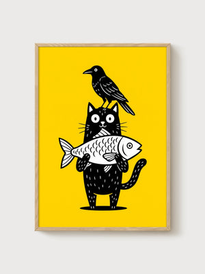 Black Cat And Crow Print poster in oak frame