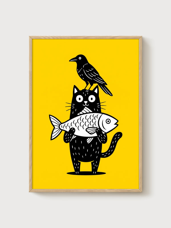 Black Cat And Crow Print poster in oak frame