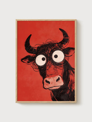 Whimsical Bull Pop Art Print poster in oak frame